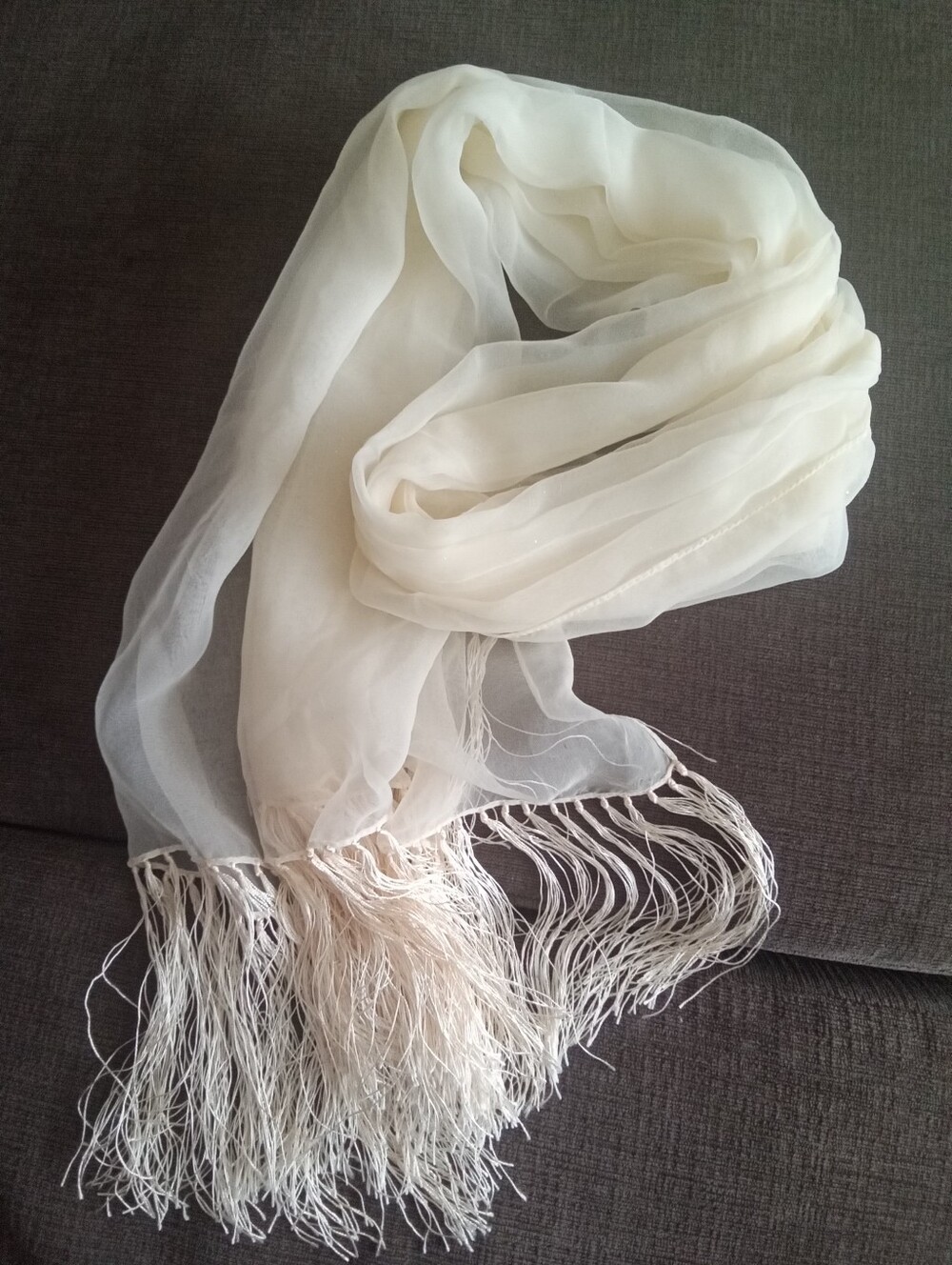 Cream Sheer Long Fringe Scarf
